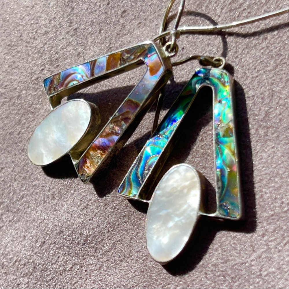 SOLD Vintage Abalone and Mother of Pearl Big Geometric Dangle Earrings Silver - Picture 3 of 9